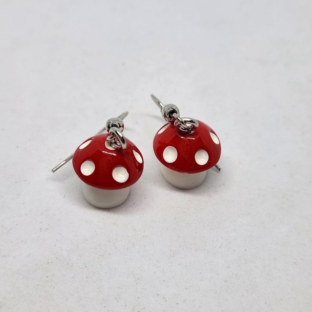 Mushroom Earrings Red Toadstool Acrylic Hook Dangle Fun Cute Gift